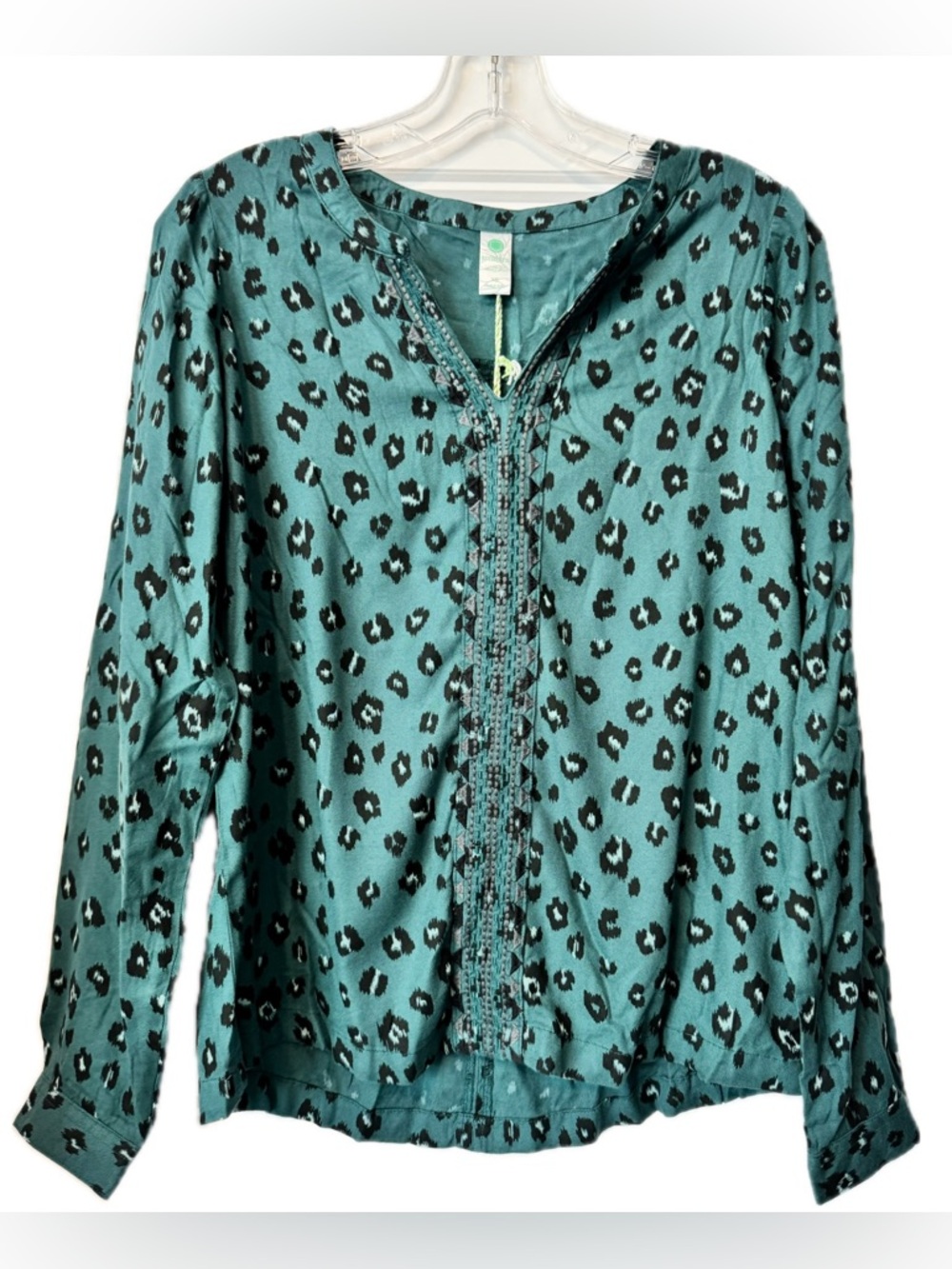 Aventura Fair Trade Leopard Print Blouse XS Teal Rayon Boho Peasant Top NWT
